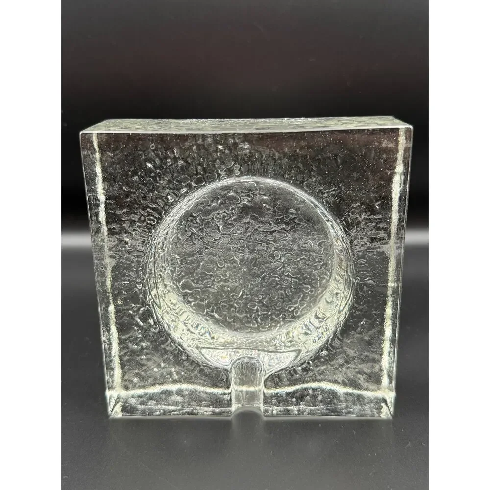 Vintage Scandinavian Clear Ice Block Glass Ashtray Mid Century Modern Brutalist